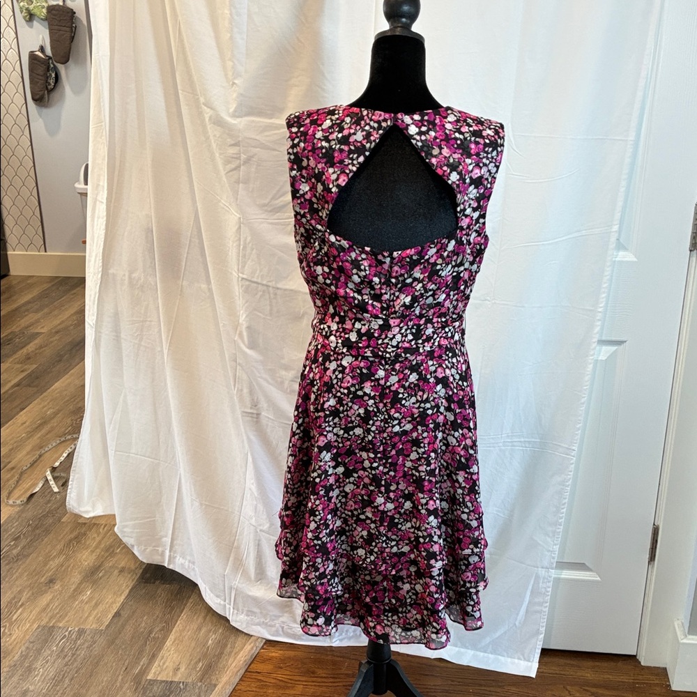 White House Black Market Black and Pink Floral Ruffle Midi Dress - Picture 5 of 15